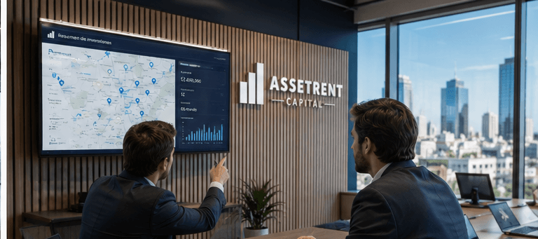 Analistas de AssetRent Capital revisando el mapa de oportunidades inmobiliarias en pantalla