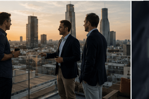 Equipo de AssetRent Capital conversando en la terraza de la oficina al atardecer